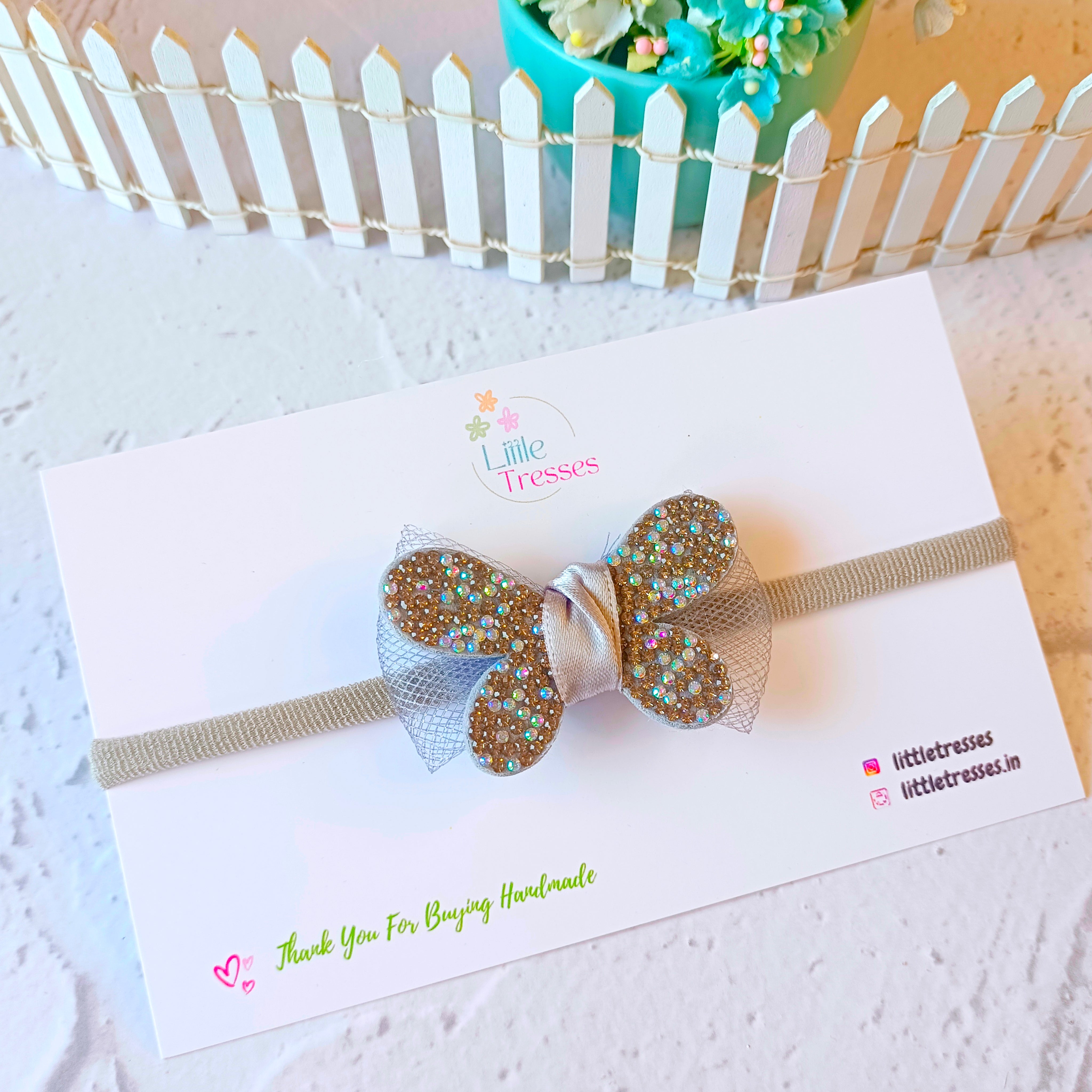 Butterfly on Net Bow Soft Headband - Grey