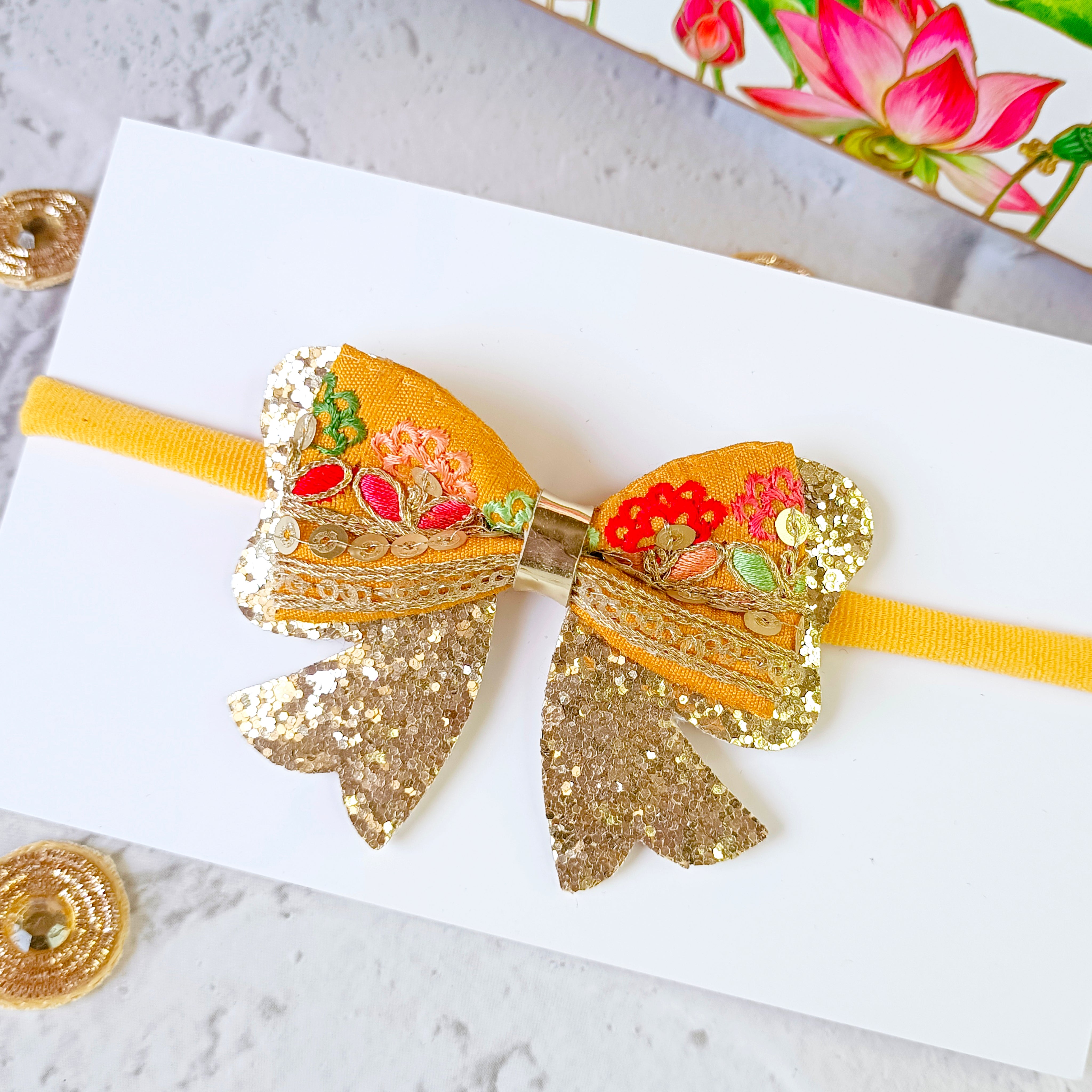 Intricate Embroidery Bow with Golden Arrow - Mustard