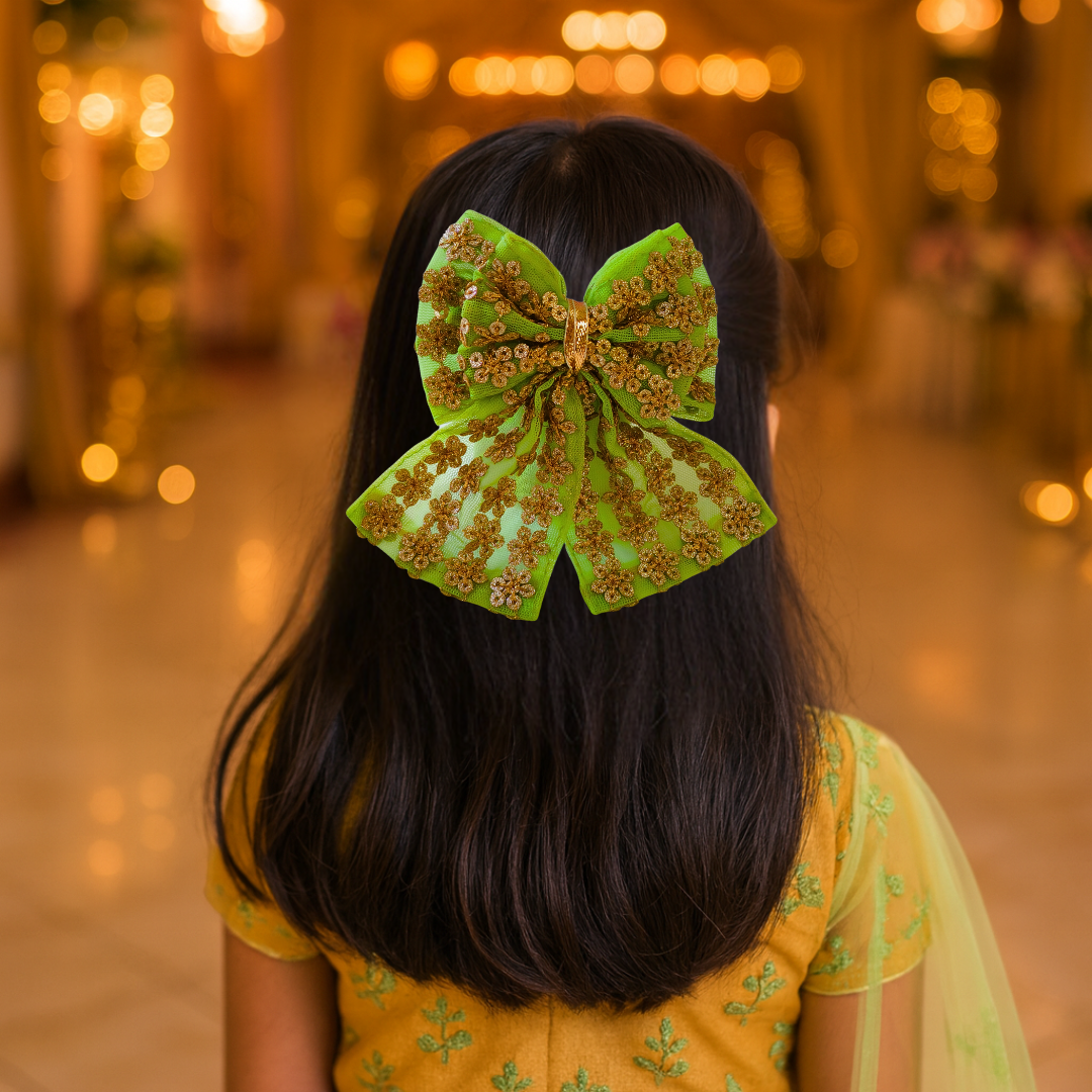 Sitaara Double Layered Big Bow Alligator Clip - Light Green