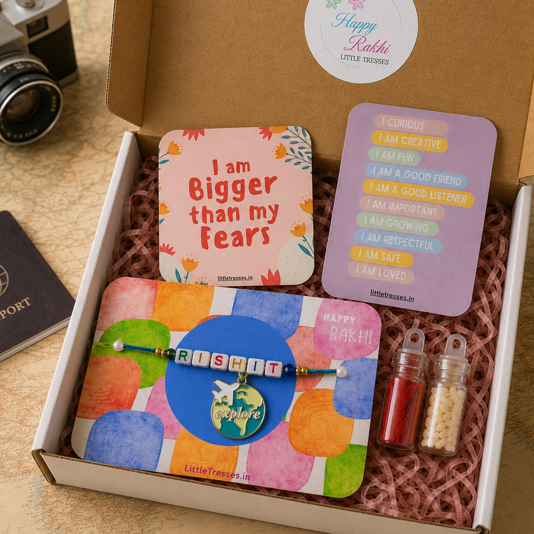 Celebrate Raksha Bandhan with the Little Tresses Personalized Explorer Bro Rakhi Gift Box. Includes a custom name explorer-themed Rakhi, educational activity cards, greeting card, roli bottle and rice bottle in a premium gift-ready box.