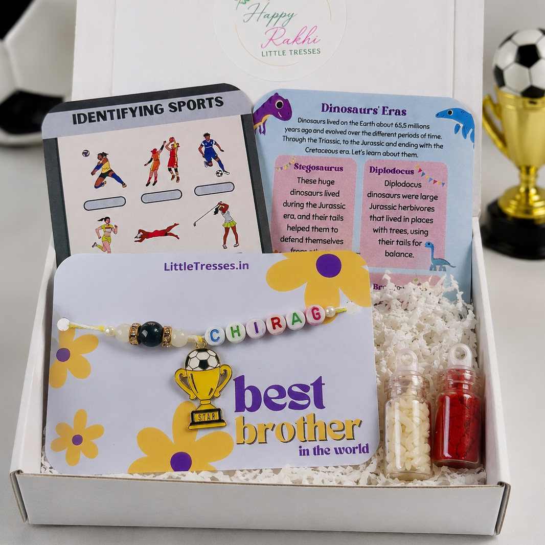 Make Raksha Bandhan extra special with the Little Tresses Personalized Football Enthusiast Bro Rakhi Gift Box. Includes a custom name football Rakhi, activity cards, greeting card, roli bottle and rice bottle in a premium gift-ready box.
