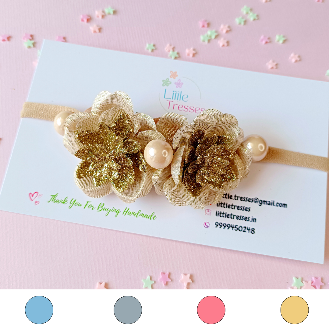 Partywear baby headband with twin flowers and cherries