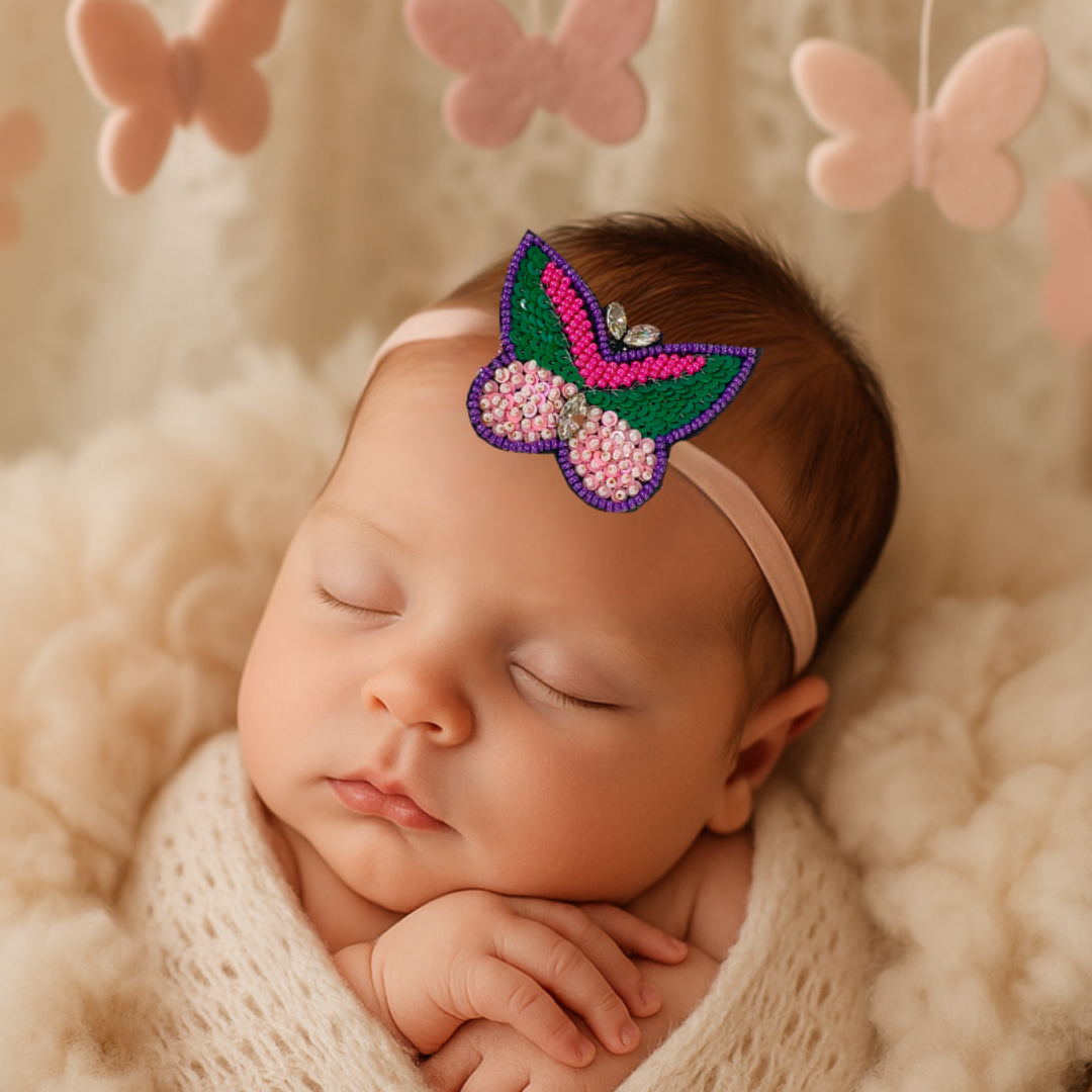 Green & Pink Beaded Butterfly Soft Headband