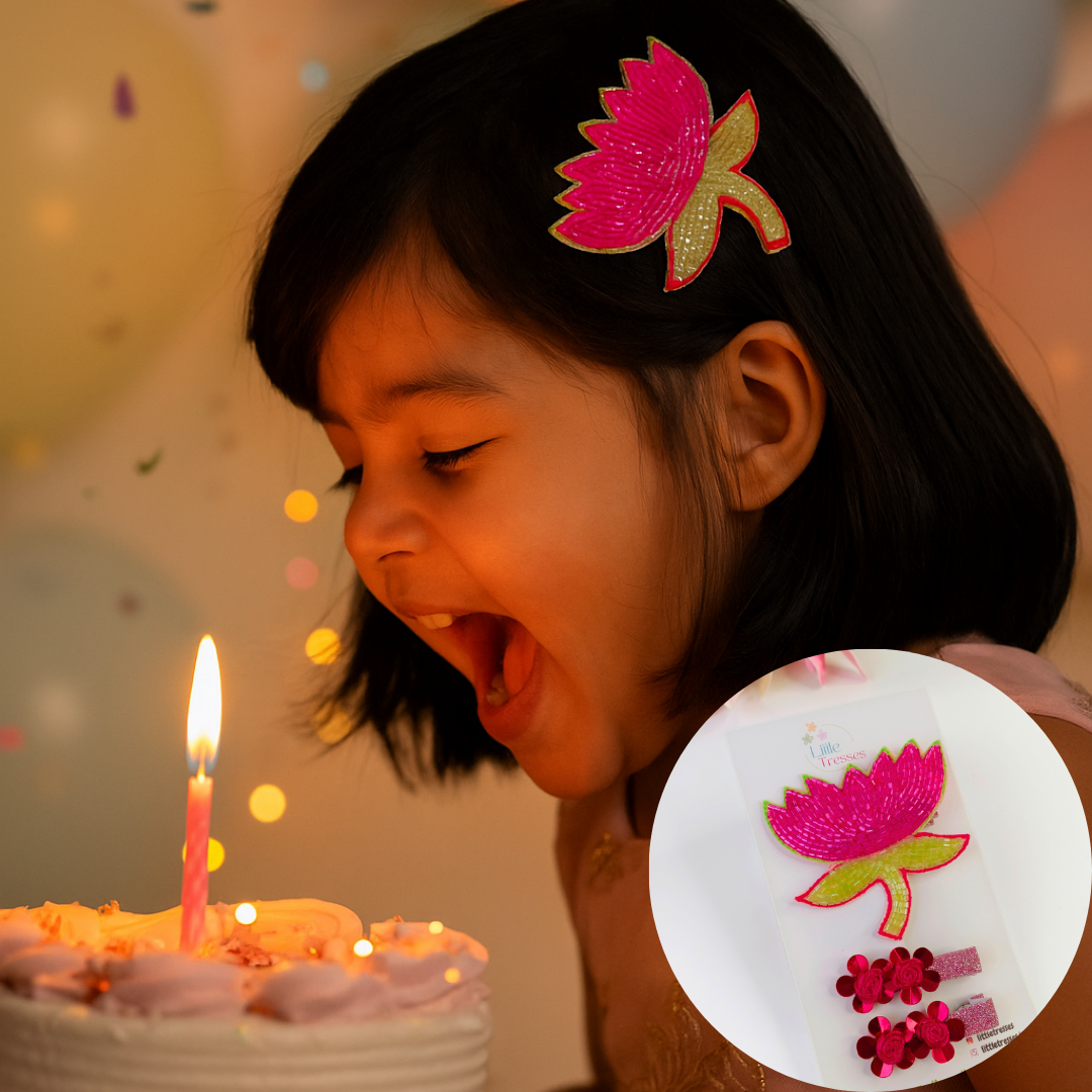 Beaded Dark Pink Lotus & Flower Pair Combo Alligator Clip