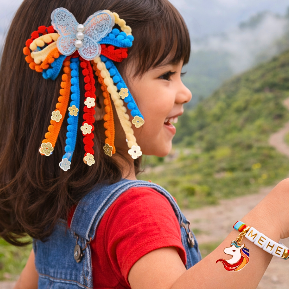 Pom Pom Lace Butterfly Hair Clip & Personalized Unicorn Face Bracelet Set