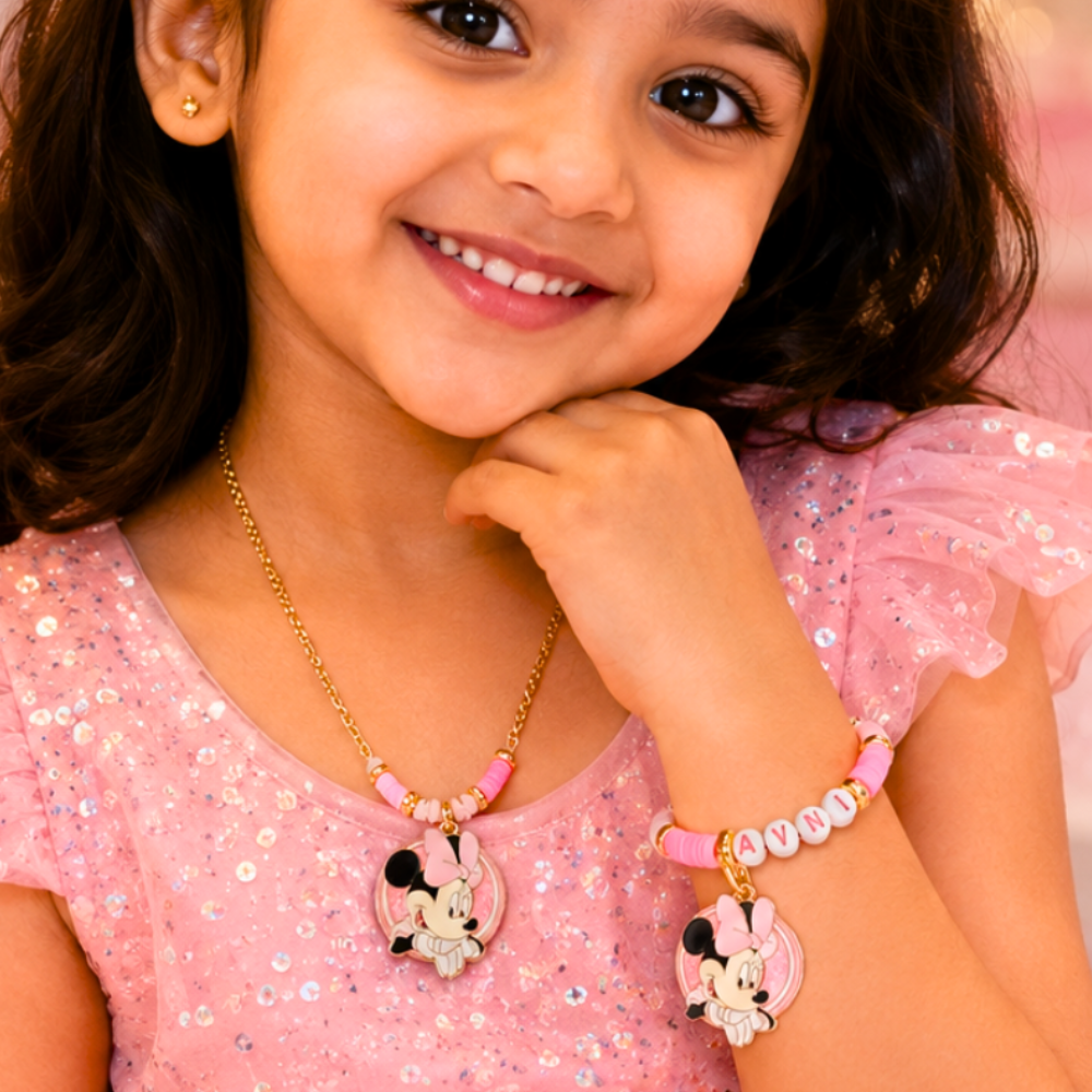 Pink & Black Personalized Cartoon Pendant & Bracelet Set for Girls