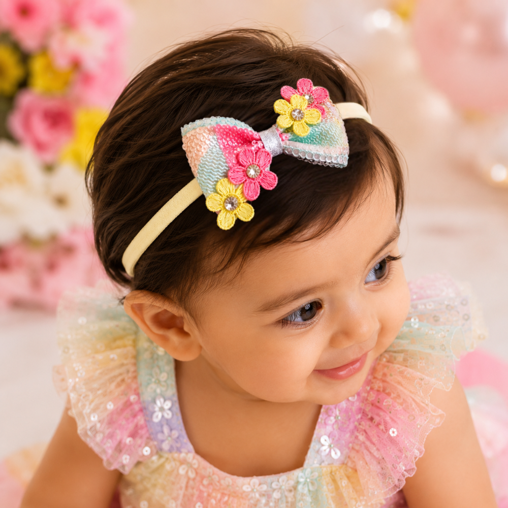 Pastel colors Bow with Flowers and Rhinestones Soft Headband