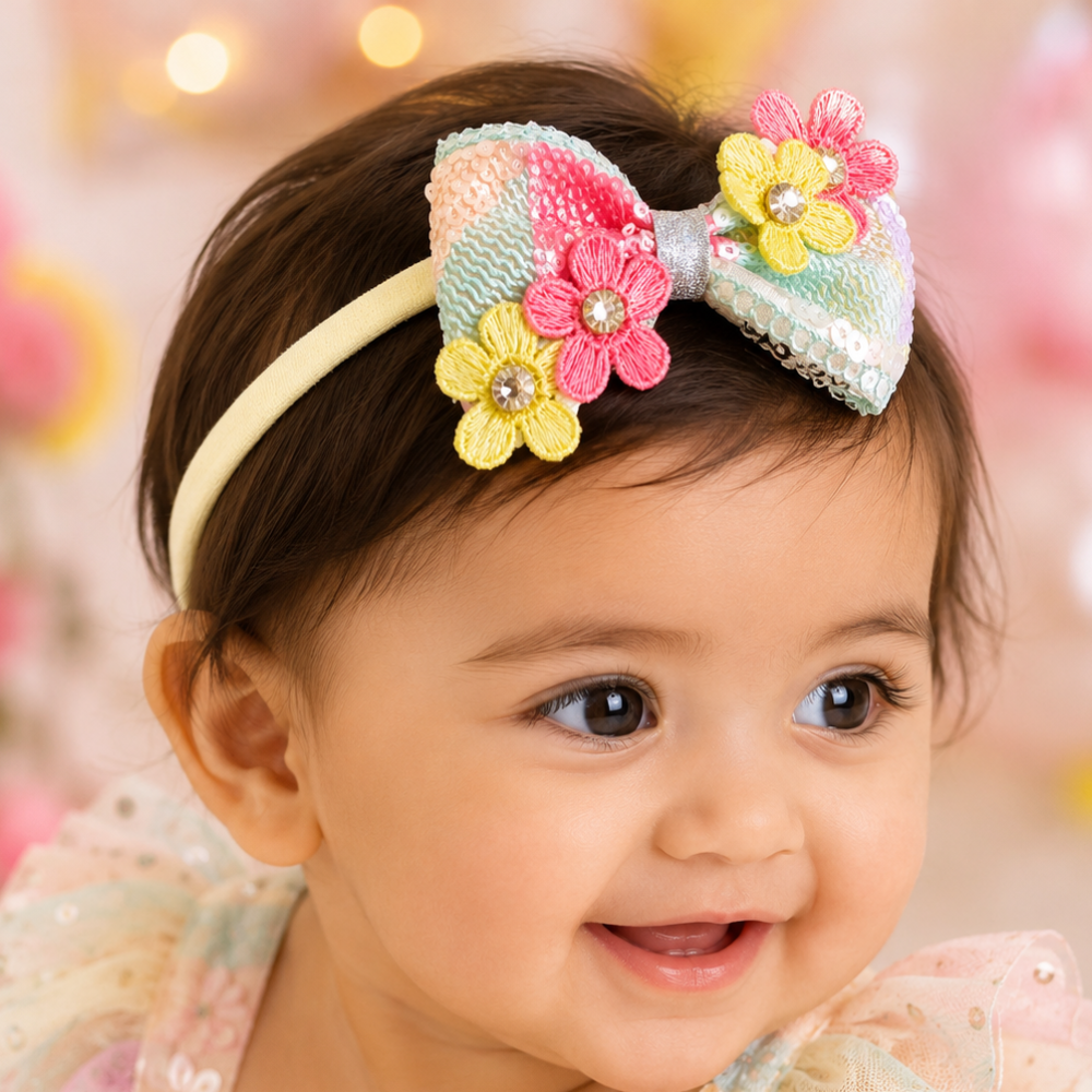 Pastel colors Bow with Flowers and Rhinestones Soft Headband