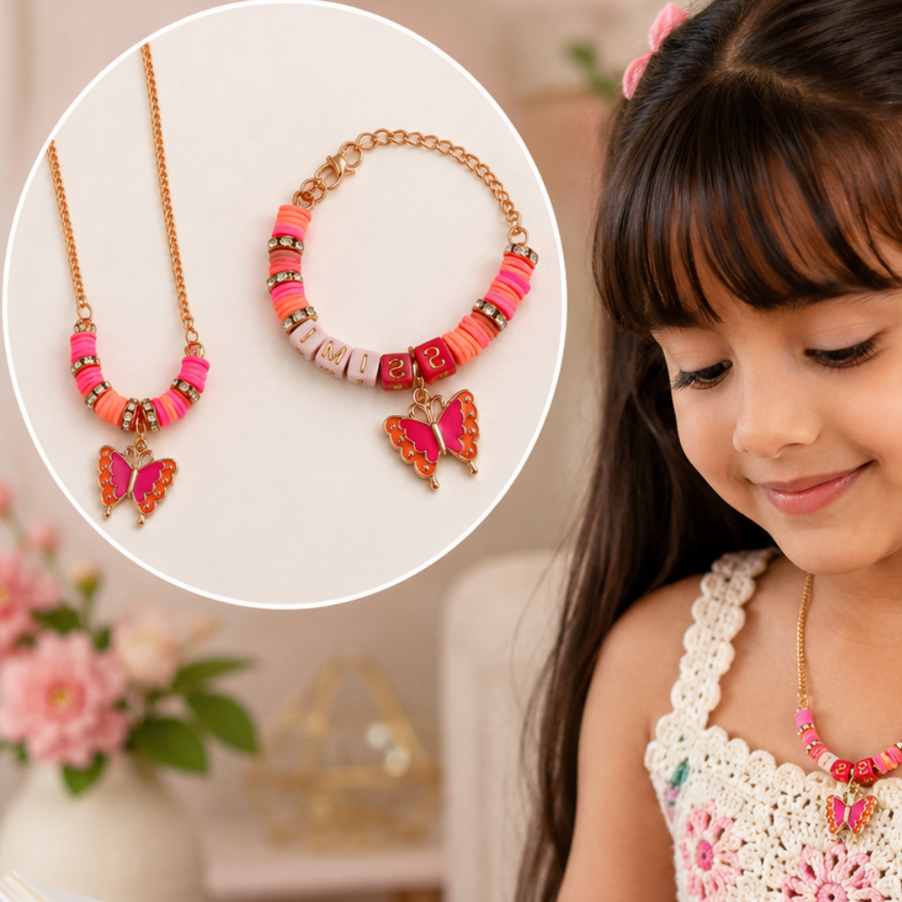 Personalized Pink & Orange Butterfly Necklace & Adjustable Name Bracelet Set