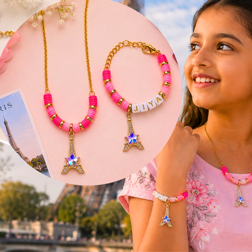 Personalized Eiffel Tower Necklace & Adjustable Name Bracelet Set - Pink