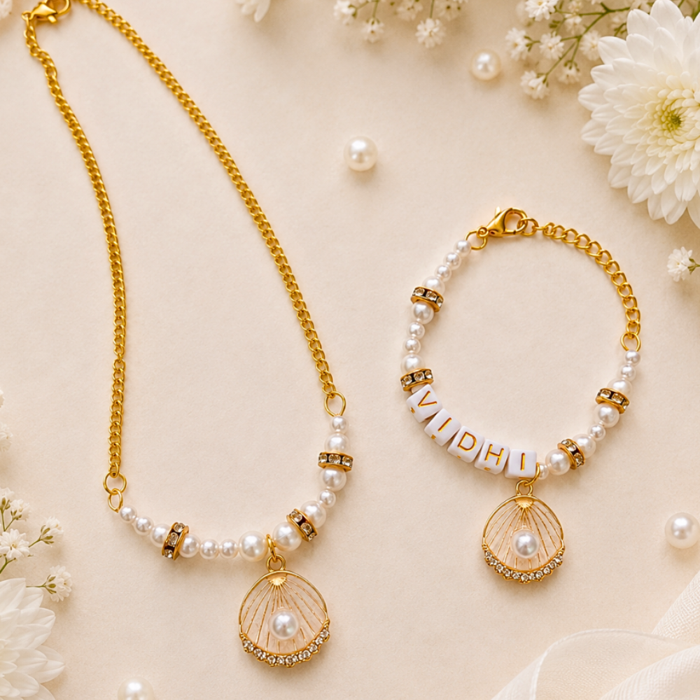 Personalized Pearl Seashell Necklace & Adjustable Name Bracelet Set