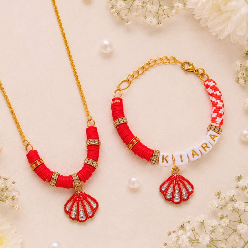 Personalized Seashell Necklace & Adjustable Name Bracelet Set - Red