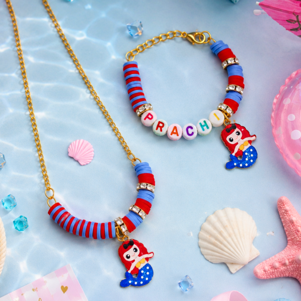 Personalized Mermaid Necklace & Adjustable Name Bracelet Set - Blue & red