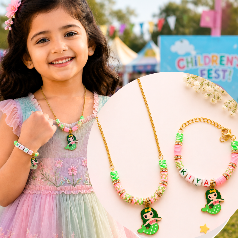 Personalized Mermaid Necklace & Adjustable Name Bracelet Set - Green
