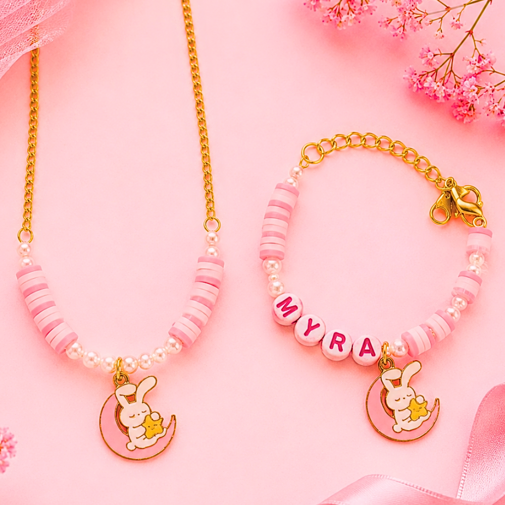 Personalized Bunny Moon Necklace & Adjustable Name Bracelet Set - Pink