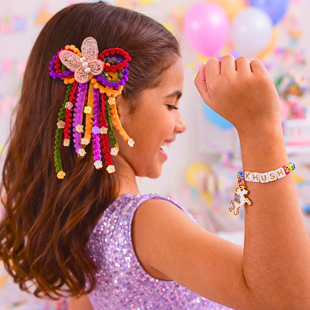 Pom Pom Lace Butterfly Hair Clip & Personalized Unicorn Bracelet Set