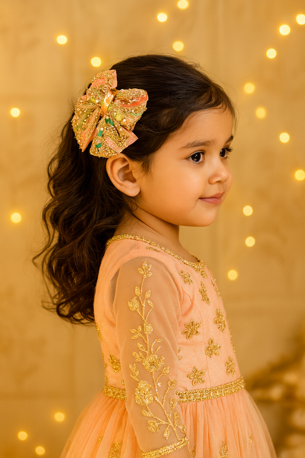 Medium embroidered beaded bow hair clip for girls in peach and gold.