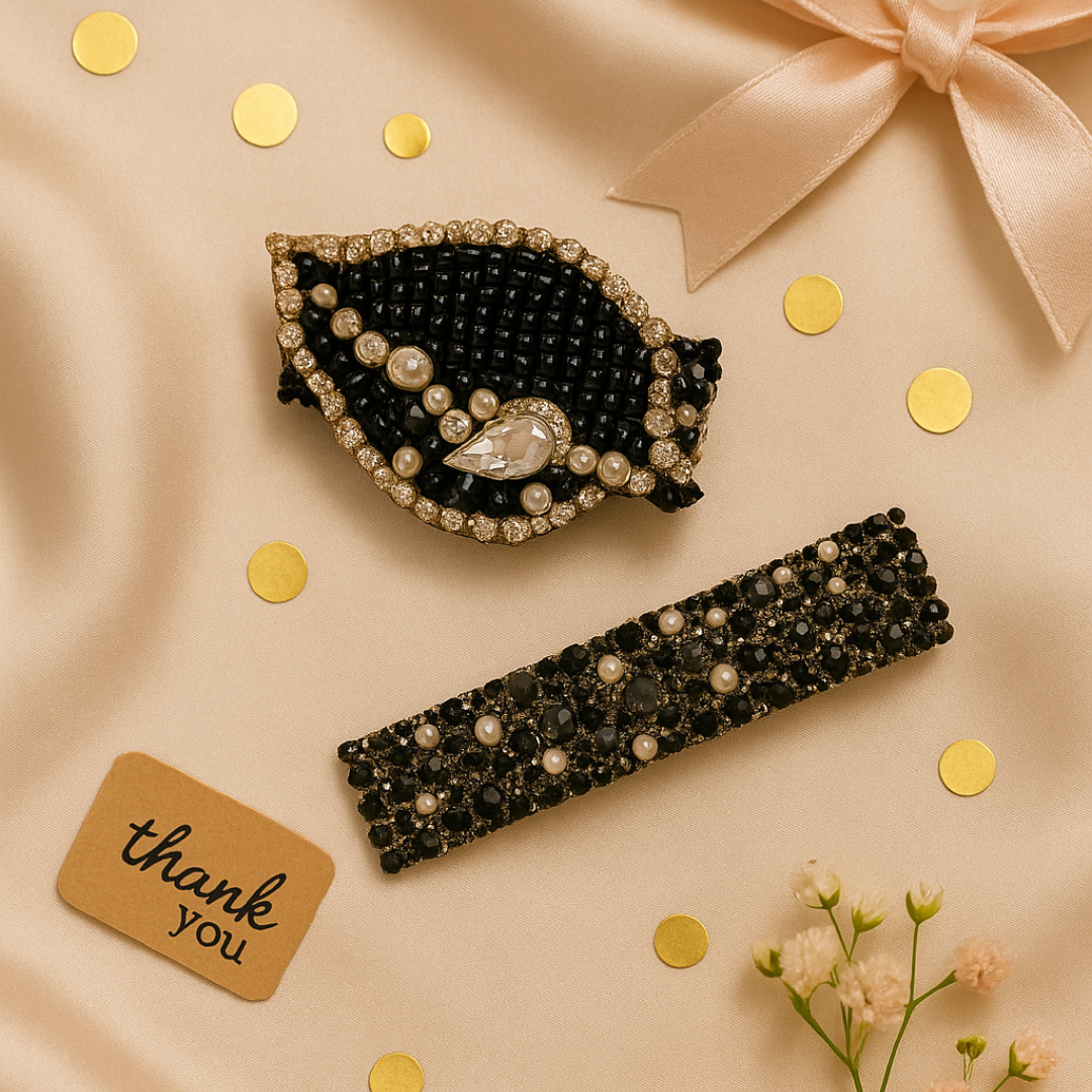 Beaded Leaf & Beaded Clip Combo – Black Color