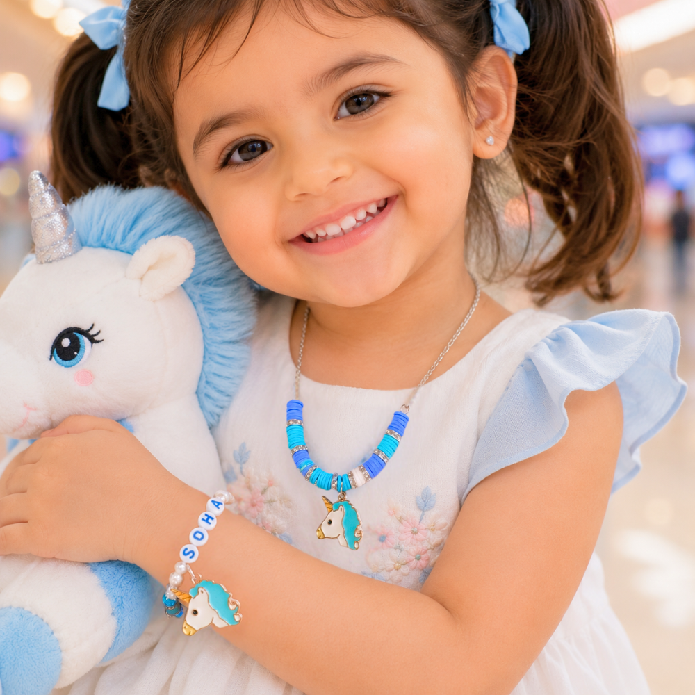 Blue and white unicorn personalized pendant necklace and adjustable name bracelet set for girls aged 3 years and above