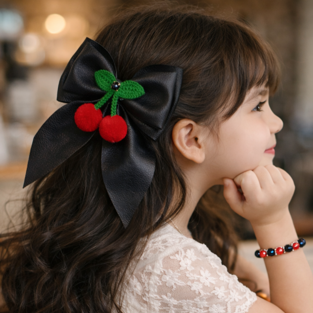 Cherry crochet piggytail bow hair clips for girls with matching bracelet in black