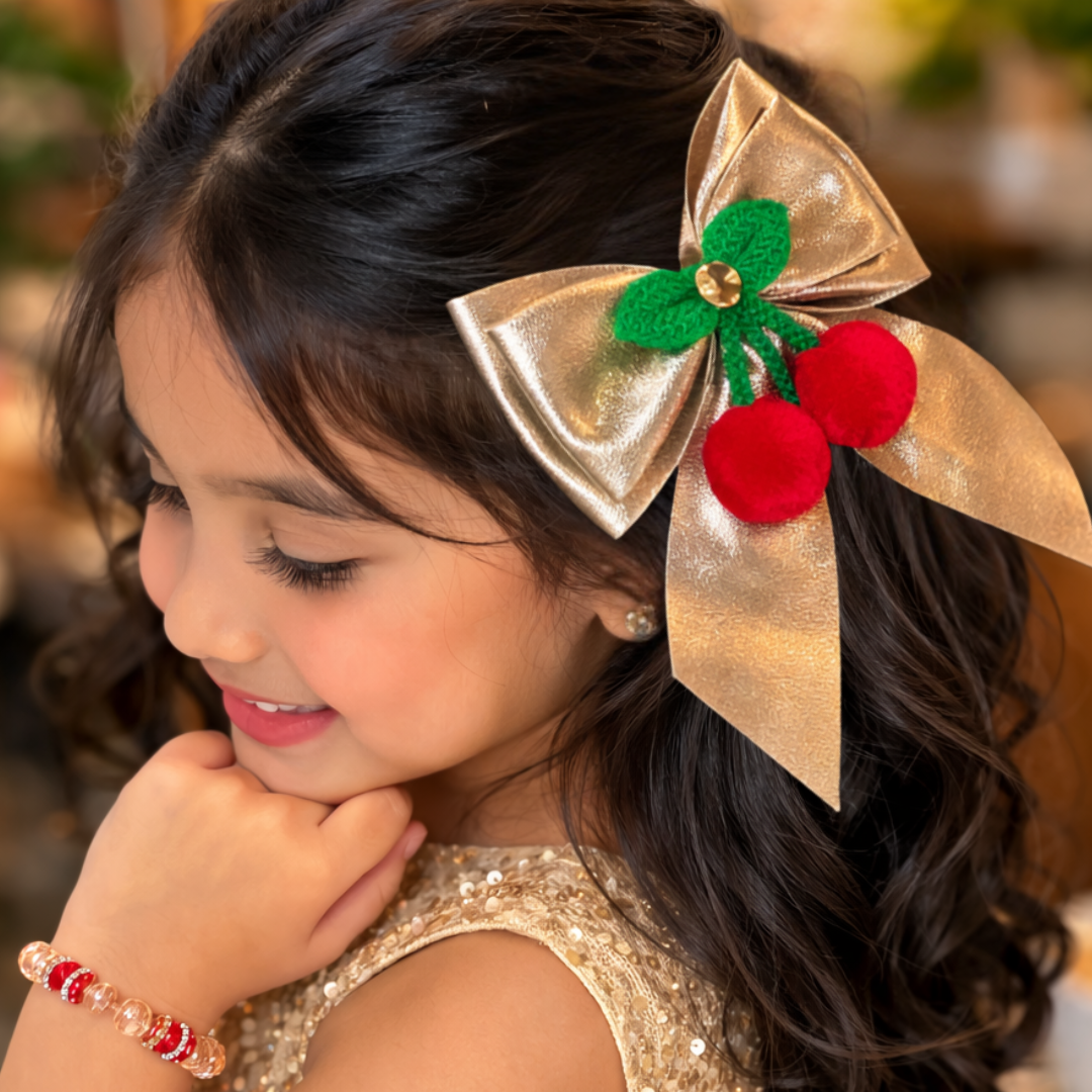 Handmade cherry bow alligator hair clips for kids piggytail hairstyle golden color