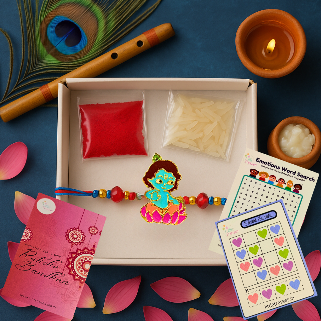 Krishna Sitting on Lotus Rakhi for Kids – Raksha Bandhan Gift Box with Roli, Rice & Games