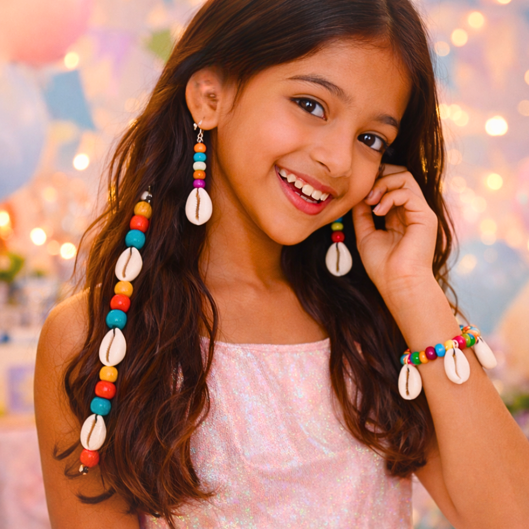 Little Tresses cowrie and multicolor bead snap clip with matching bracelet and earrings set for girls beach and party styling