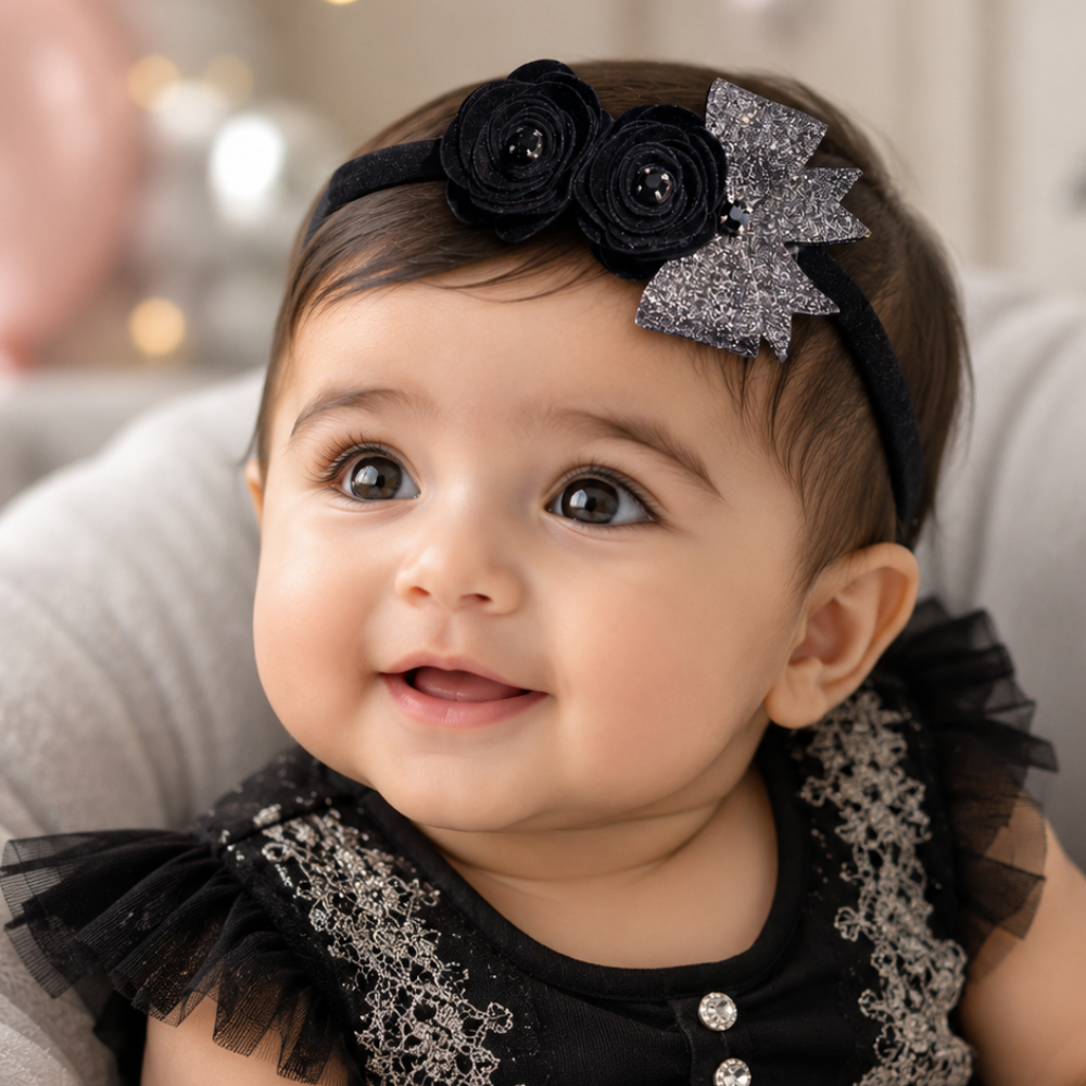 Handcrafted soft baby headband with two roses and 8 cm bow for girls aged 0-3 years available in 7 colors