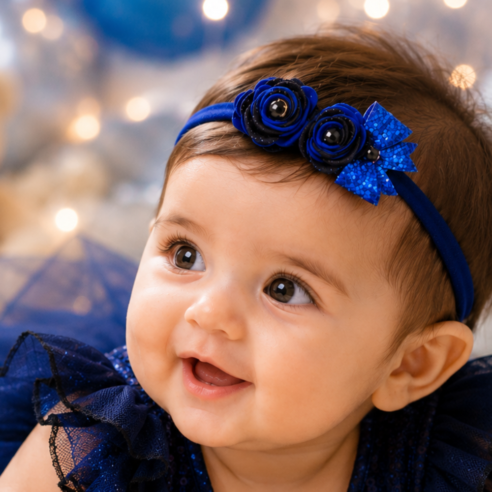 Handcrafted soft baby headband with two roses and 8 cm bow for girls aged 0-3 years available in 7 colors