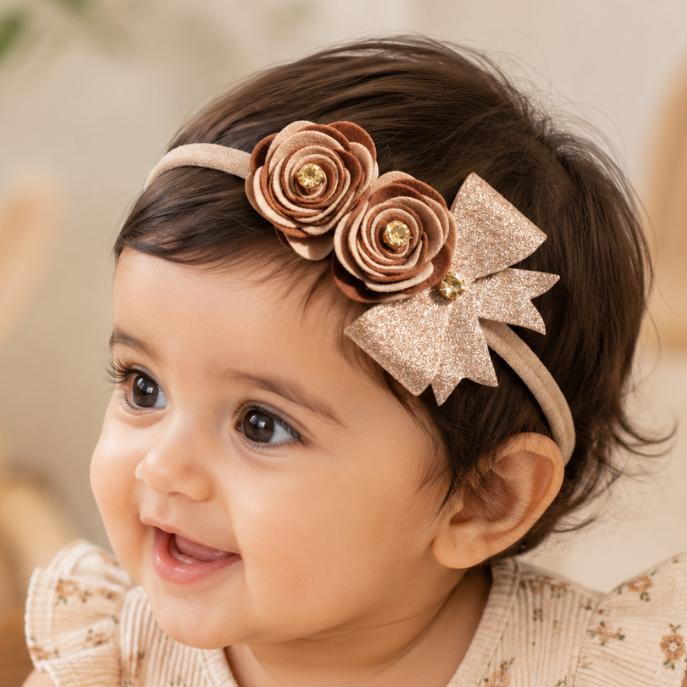 Handcrafted soft baby headband with two roses and 8 cm bow for girls aged 0-3 years available in 7 colors