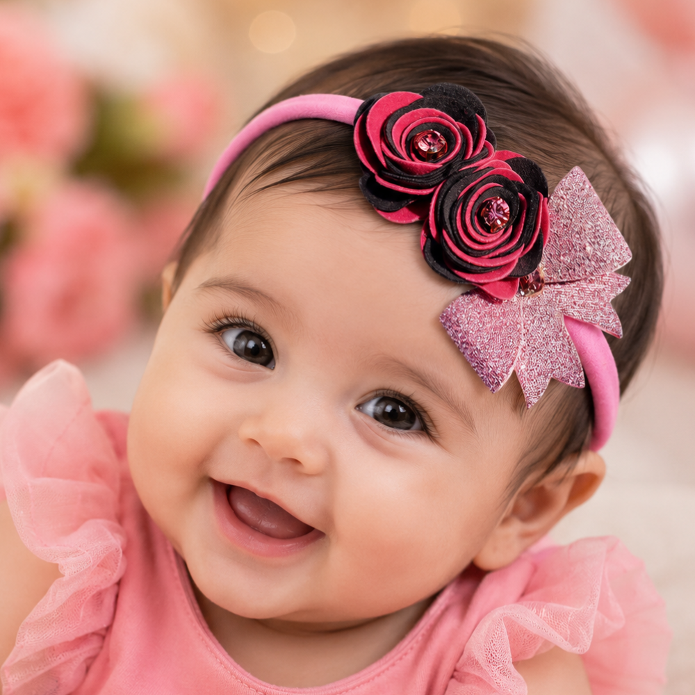 Handcrafted soft baby headband with two roses and 8 cm bow for girls aged 0-3 years available in 7 colors