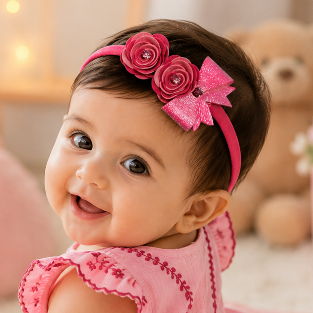 Handcrafted soft baby headband with two roses and 8 cm bow for girls aged 0-3 years available in 7 colors