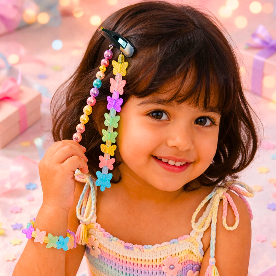 Multicolor butterfly snap hair clip with matching beaded bracelet for kids