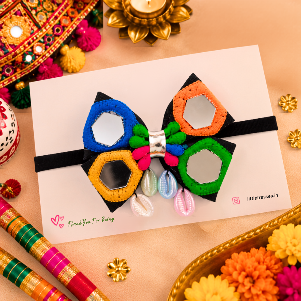Navratri hexagon mirror soft headband for baby girls aged 0 to 3 years