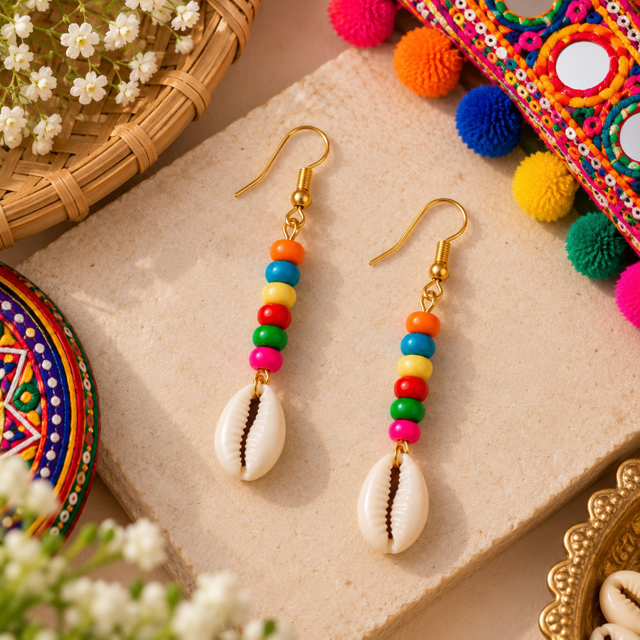 Navratri multicolour kaudi earrings with colourful beads for girls
