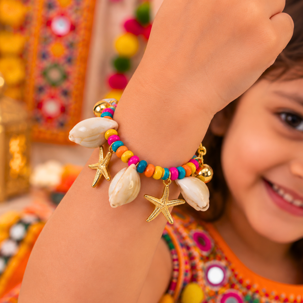 Navratri Kaudi Star and Ghunghroo bracelet with colourful beads for kids