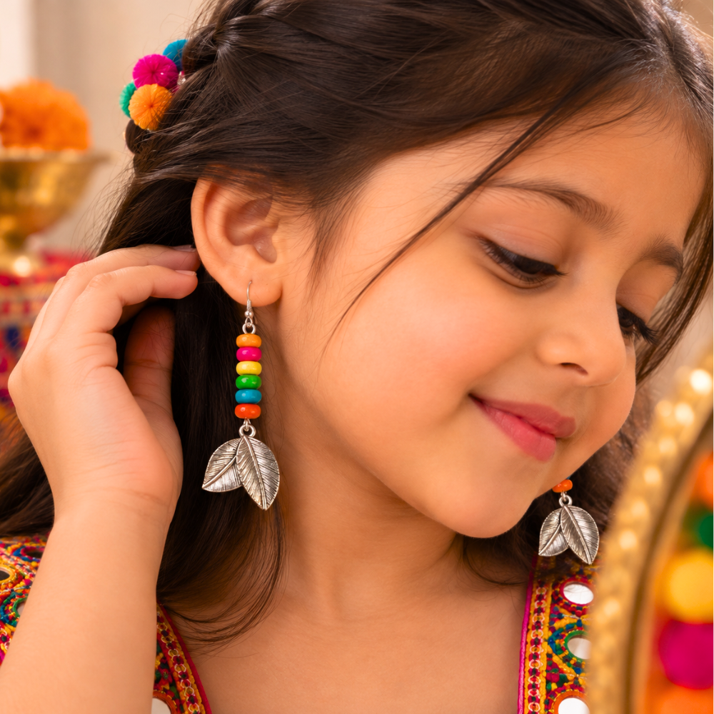 Navratri multicolor antique leaf earrings with colourful beads for kids