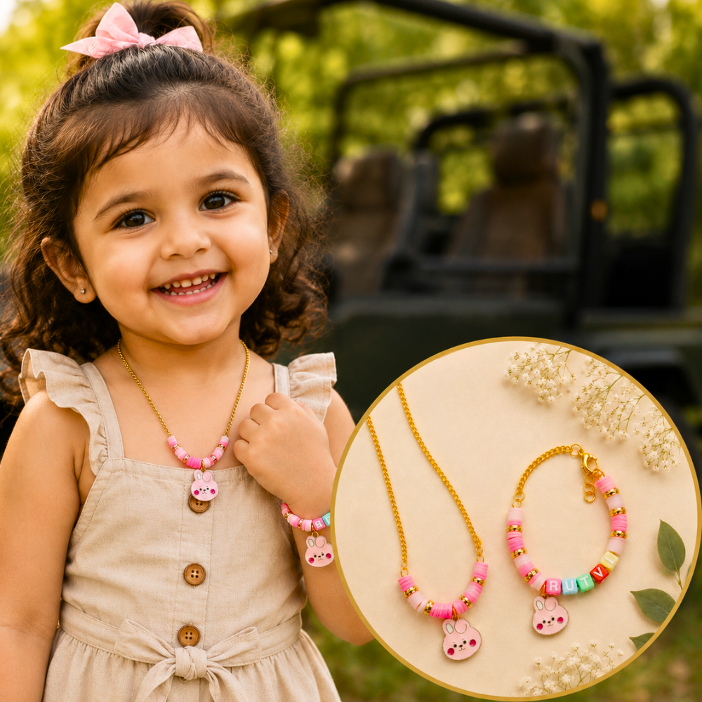 Personalized bunny necklace and name bracelet set for girls.