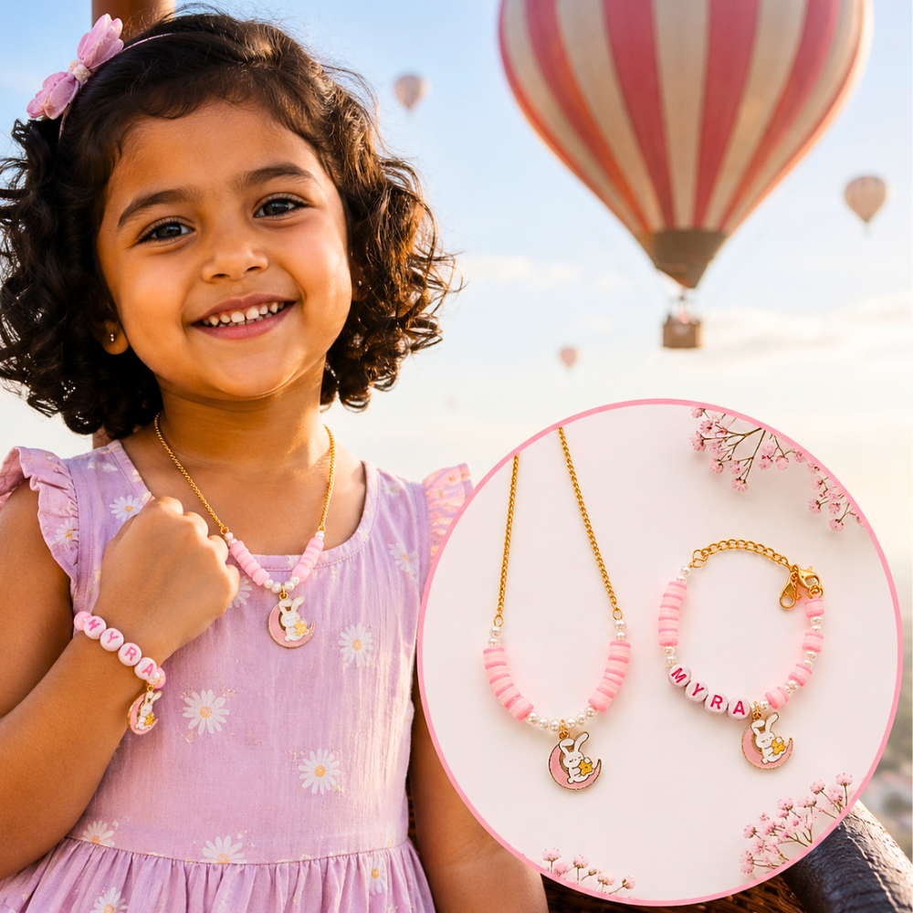 Personalized bunny moon necklace and name bracelet set for girls.