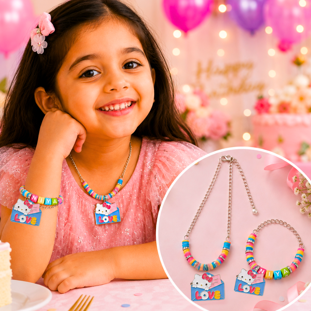 Personalized character necklace and name bracelet set for girls.
