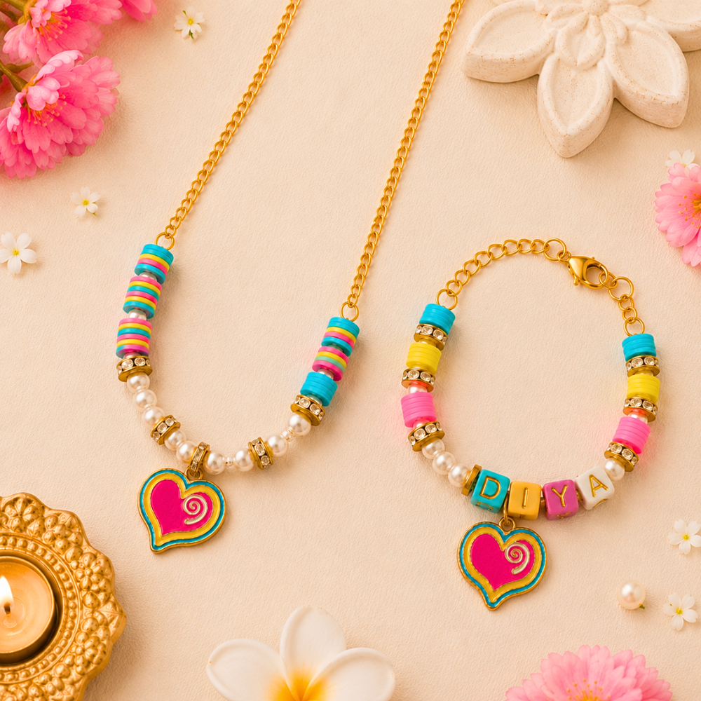 Personalized multicolor heart necklace and name bracelet set for girls.