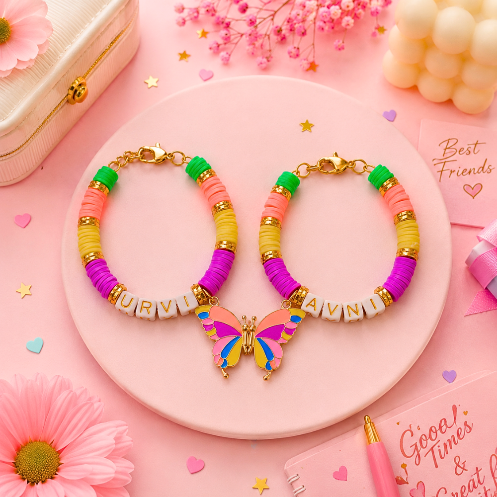 Personalized magnetic butterfly friendship bracelet pair for kids with custom name beads, matching butterfly charm, adjustable chain, and colorful handmade design.
