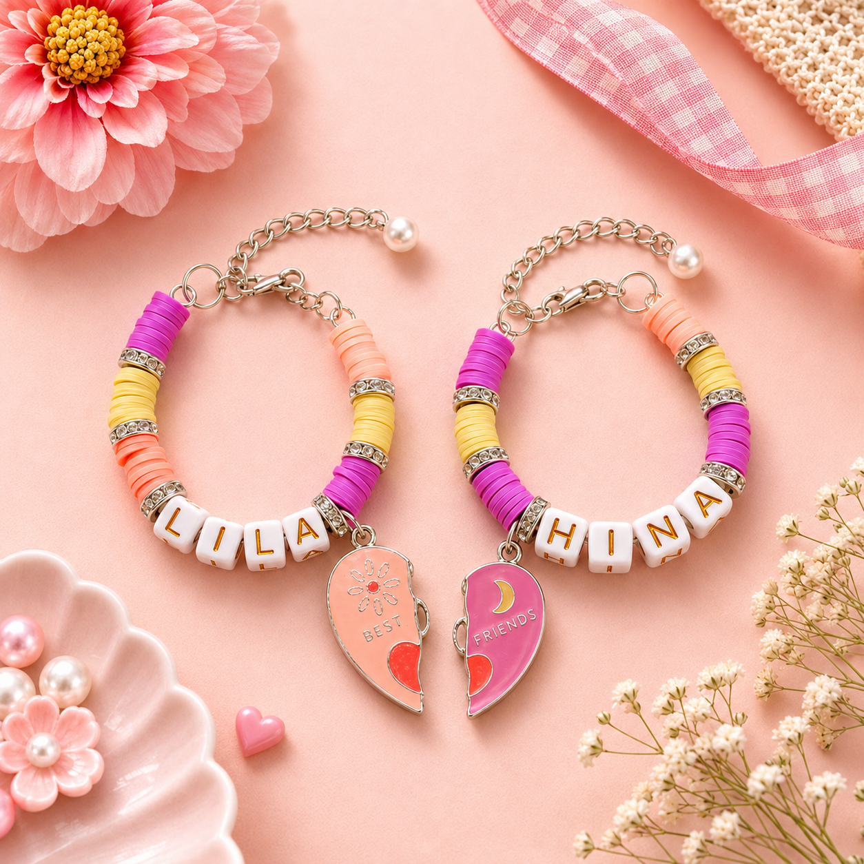 Personalized magnetic friendship bracelet pair for kids with heart charm, custom name beads, adjustable chain, matching bracelets for best friends and siblings.