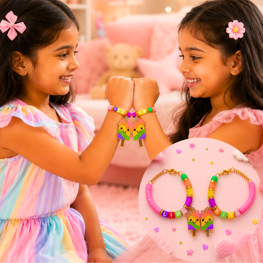Personalized magnetic ice cream friendship bracelet pair for kids with custom name beads, colorful handmade design, adjustable chain, and matching magnetic charm.