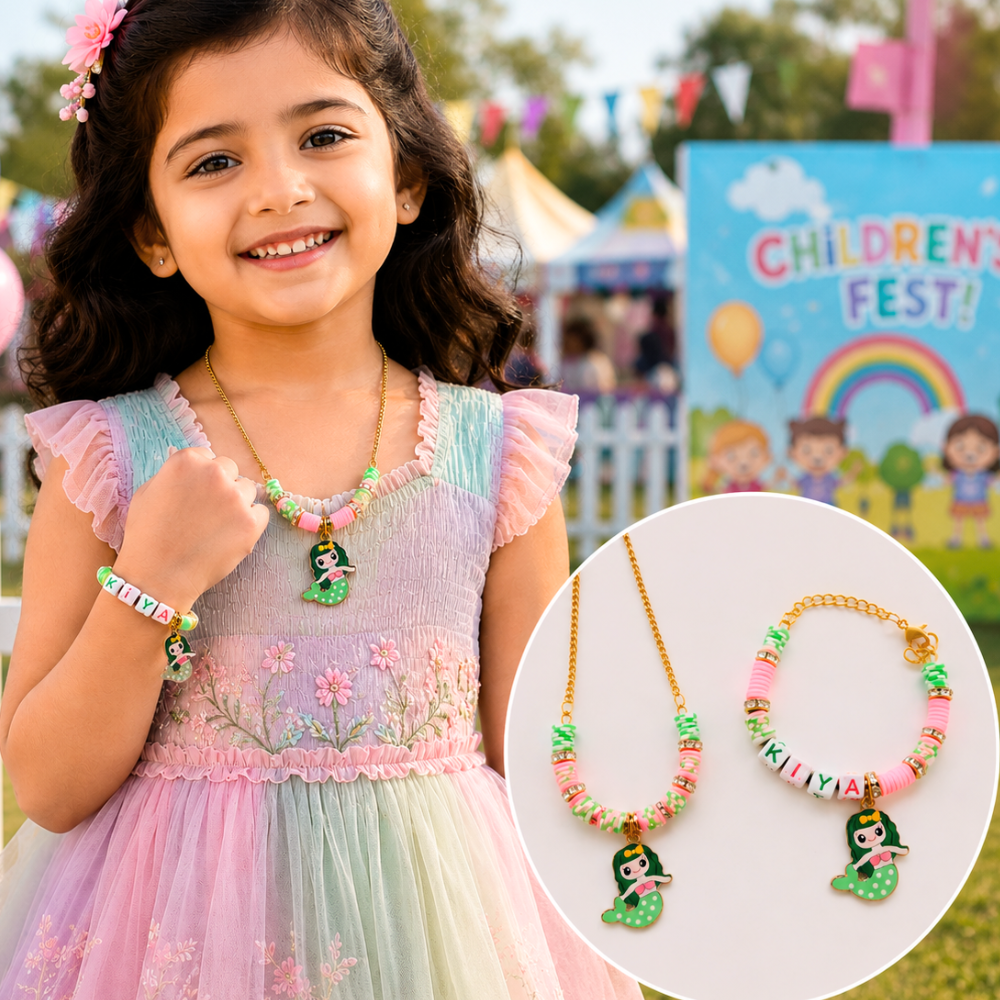 Personalized mermaid necklace and name bracelet set for girls.