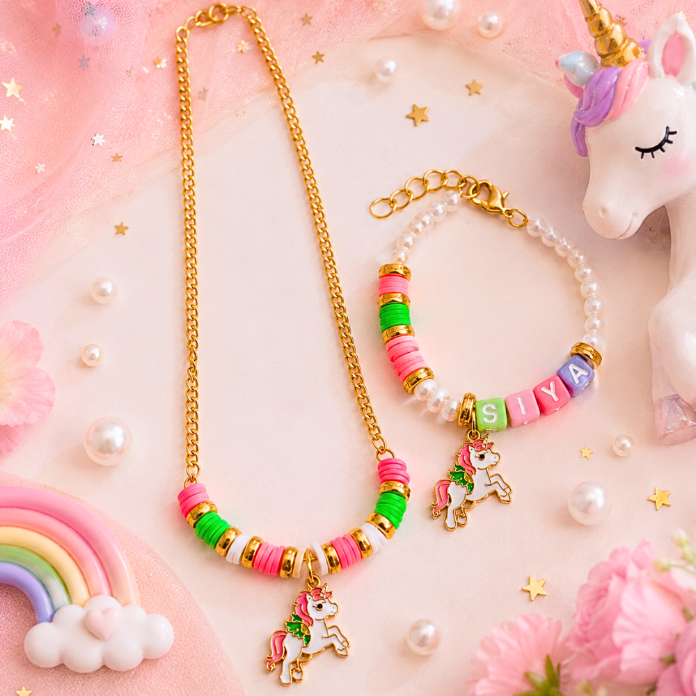 Personalized multicolor unicorn charm pendant and adjustable bracelet combo for girls with pastel beads and custom name design.