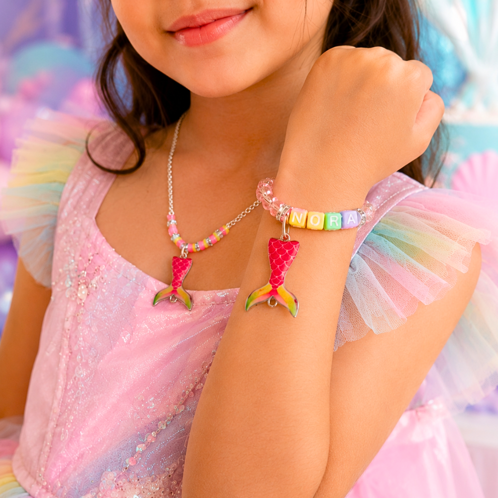 Pink mermaid tail personalized pendant necklace and adjustable name bracelet set for girls aged 3 years and above