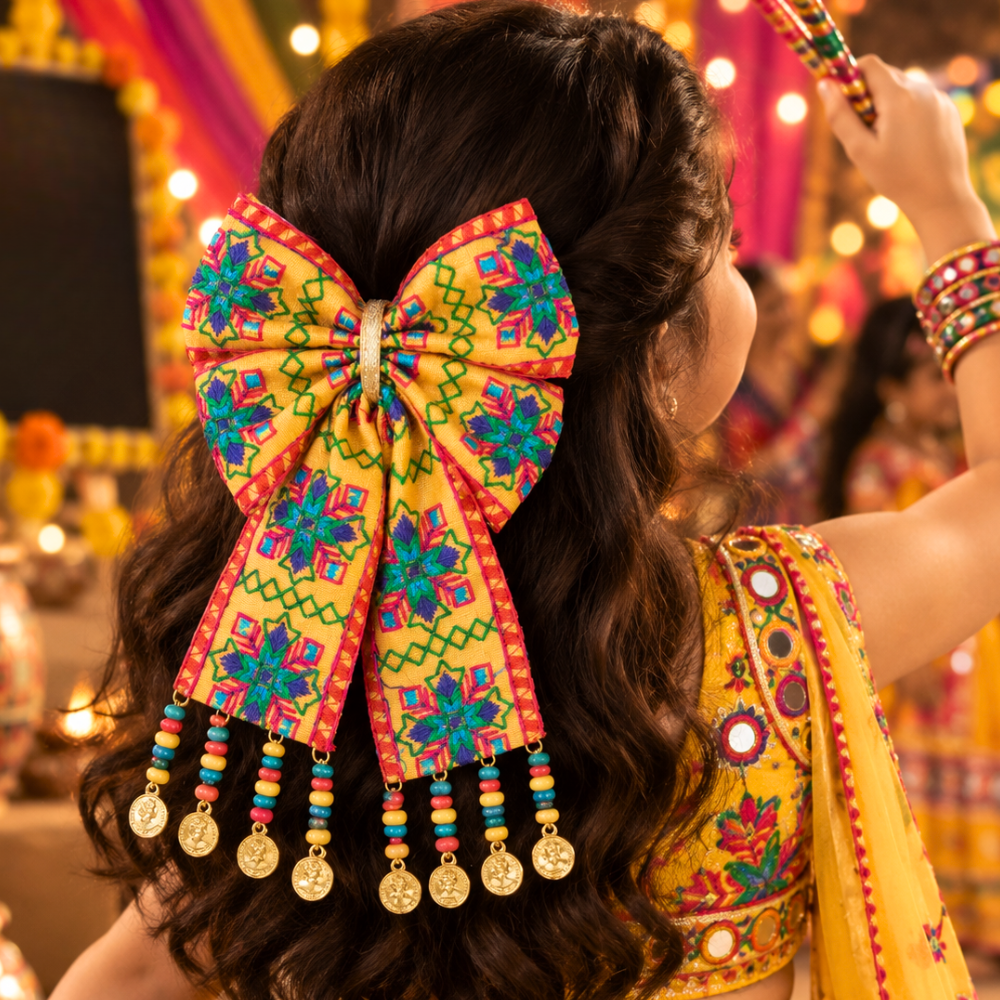 Rangeela Navratri piggytail bow with colourful dangling beads and coin charms for girls aged 5 years and above