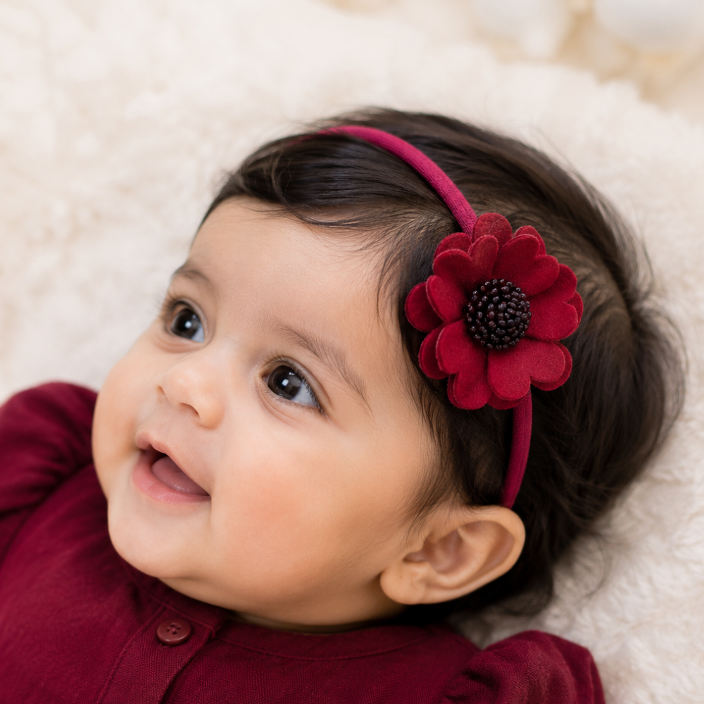Soft scalloped flower baby headband for girls with handcrafted 6 cm floral design in 14 colors for infants and toddlers aged 0–3 years
