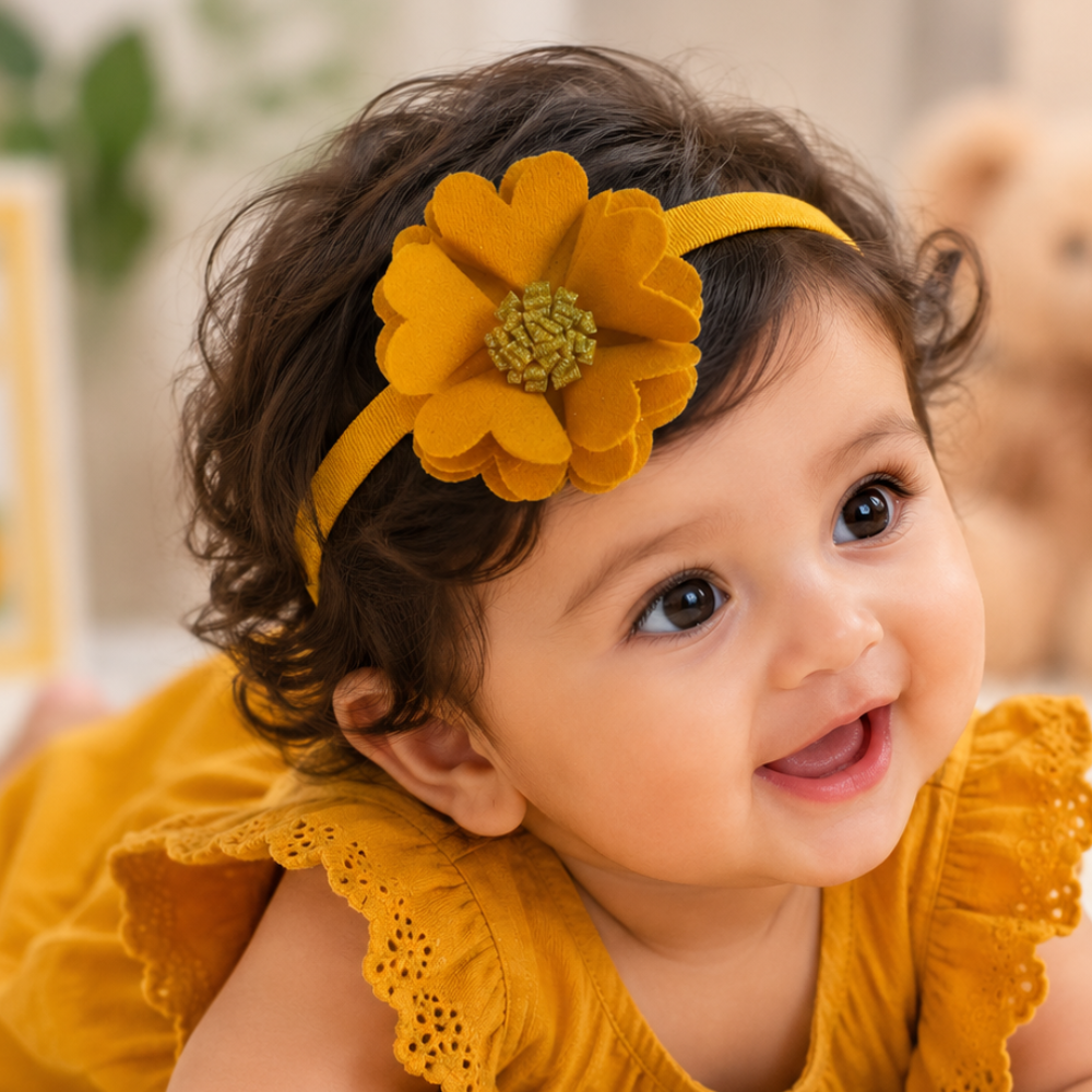 Soft scalloped flower baby headband for girls with handcrafted 6 cm floral design in 14 colors for infants and toddlers aged 0–3 years
